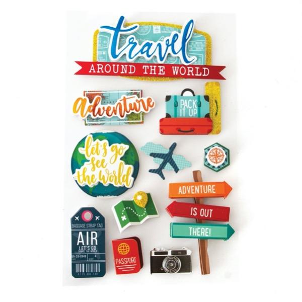 3D scrapbook stickers featuring colorful illustrations of travel including airplane, camera and luggage.