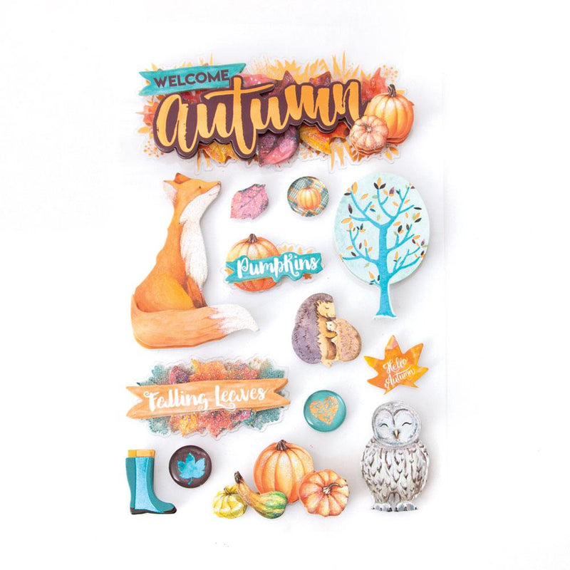 3D scrapbook stickers featuring watercolor illustrations of leaves, owls and foxes.