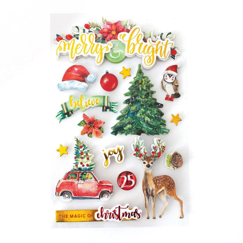 3D scrapbook stickers featuring watercolor illustrations of christmas trees, stars, santa hats and poinsettas.