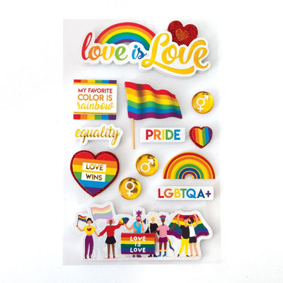 3D scrapbook stickers featuring rainbow illustrations with words of equality and pride.