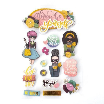 3D scrapbook sticker featuring illustrations of girls and inspirational text