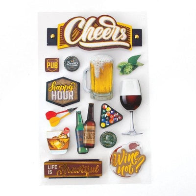 3D scrapbook sticker featuring a mug of beer, glass of red wine and pool balls.