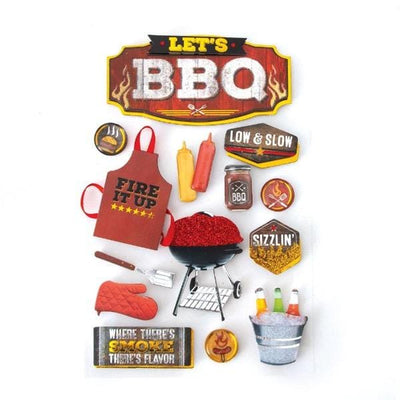 3D scrapbook stickers featuring BBQ imagery including a grill, an apron and BBQ sauce.