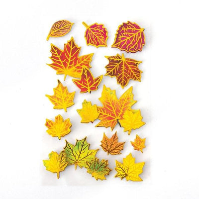 scrapbook stickers shown featuring 3D autumn leaves with gold foil accents.