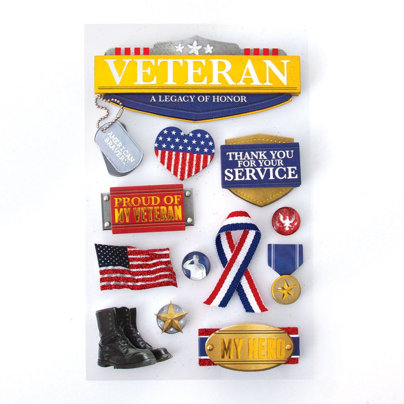 3D scrapbook stickers featuring red, white, blue and gold veteran themed sentiments.