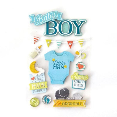 3D scrapbook stickers featuring baby boy, blue onesie and colorful banner.