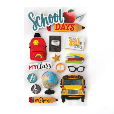 3D scrapbook stickers featuring colorful school themed imagery including a school bus, an apple and a backpack.