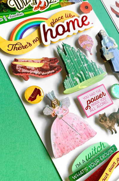 3D scrapbook stickers featuring the Wizard of Oz shown on a green background on an angle 