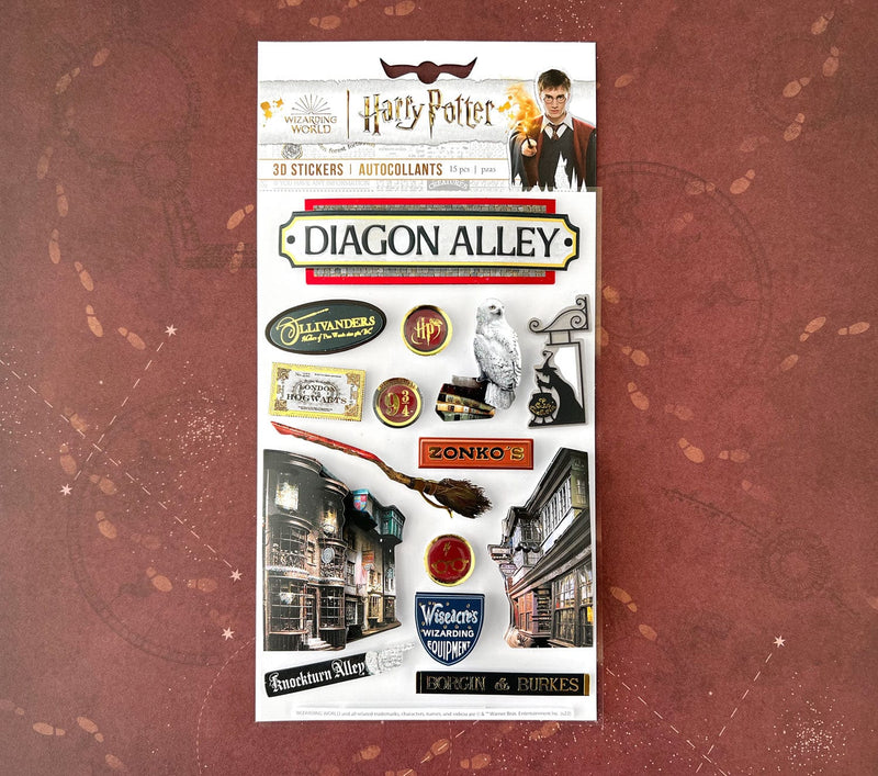 Harry Potter stickers featuring Diagon Alley, Hedwig, and street signs shown in package on dark red background.