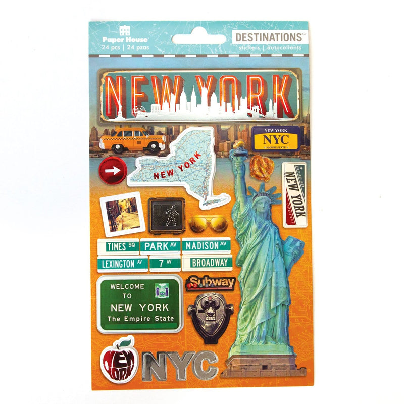 scrapbook stickers featuring New York, the Statue of Liberty, and street signs.