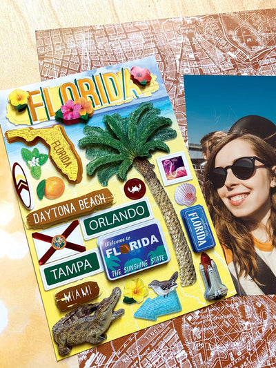 3D scrapbook stickers featuring Florida palm tree, alligator and sea shell shown next to a photo of a woman on a patterned background.