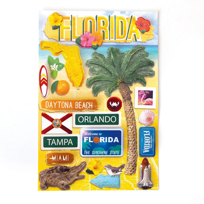 scrapbook stickers featuring Florida palm tree, alligator and the state flag on a yellow background.