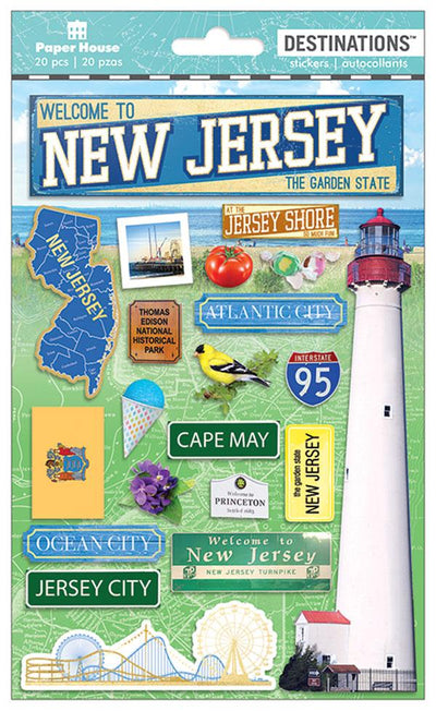 3D scrapbook sticker featuring New Jersey imagery including a lighthouse and roller coaster.