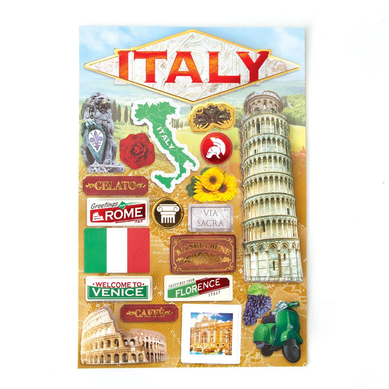 3D scrapbook stickers featuring Italy, leaning tower of pisa and the colloseum.
