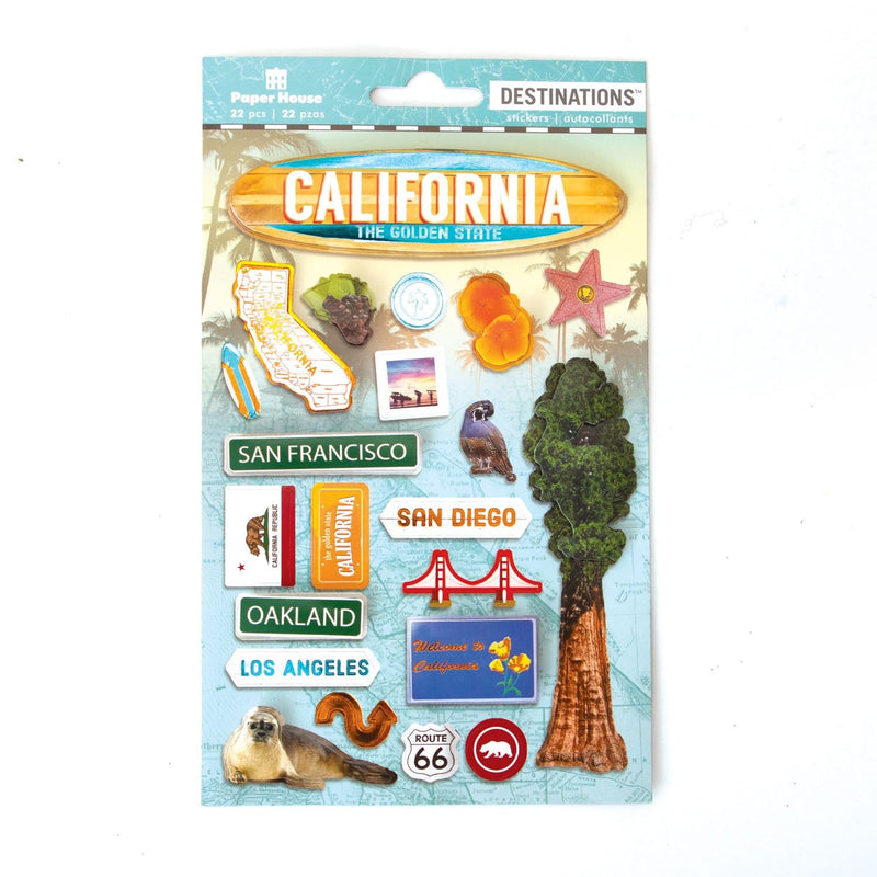 3D scrapbook stickers featuring California state flag, redwood tree and golden gate bridge.
