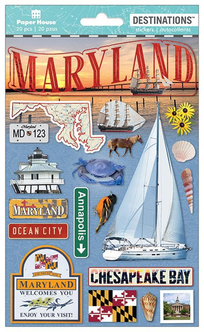 scrapbook stickers featuring photo real sailboat, the state of Maryland and a Baltimore Oriole shown in packaging.