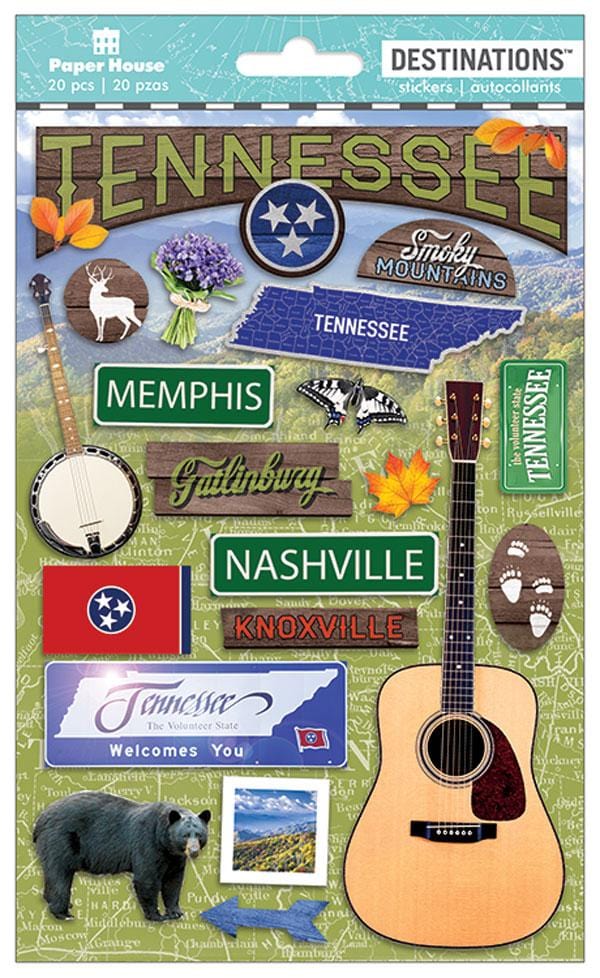 scrapbook stickers featuring Tennessee, guitar, bear and state signs shown in package.