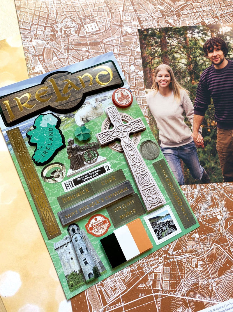 3D scrapbook stickers featuring Ireland imagery shown next to photo of a young couple.