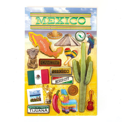 3D scrapbook stickers featuring Mexico with colorful photos of chili peppers, cacti and sombrero on a colorful background.