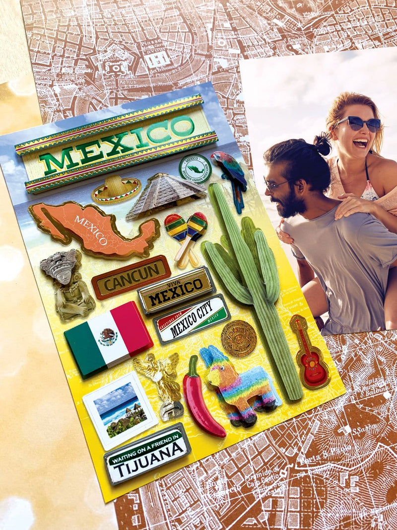 3D scrapbook stickers featuring Mexico with photos of chilis, cacti and sombrero shown next to a photo of a young couple on top of patterned papers.