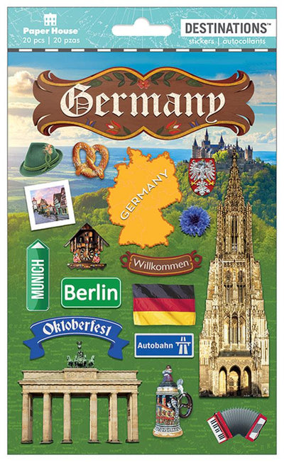 3D scrapbook stickers featuring Germany themed imagery including the flag, a pretzel and a beer mug.