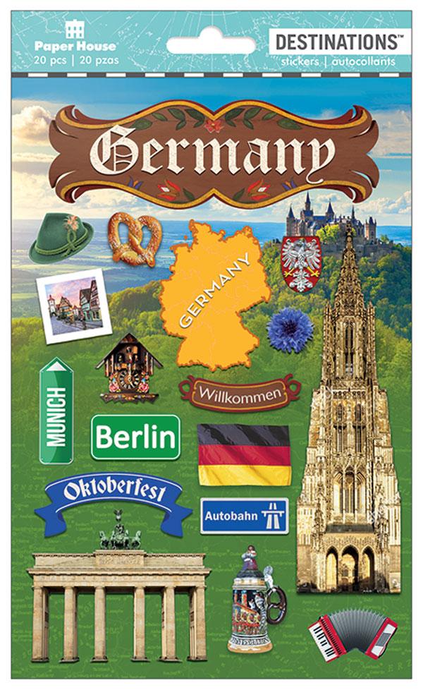 3D scrapbook stickers featuring Germany themed imagery including the flag, a pretzel and a beer mug.