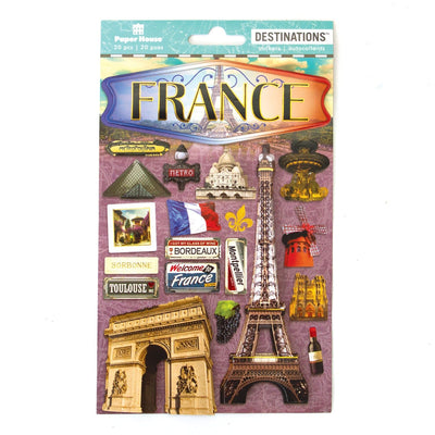 3D scrapbook stickers featuring France, the eiffel tower and the Arc de Triomphe.