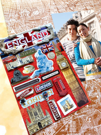 3D scrapbook stickers featuring England and Big Ben shown next to a photo of a young couple.