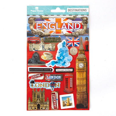 3D scrapbook stickers featuring England, Big Ben and a red phone booth shown in package.