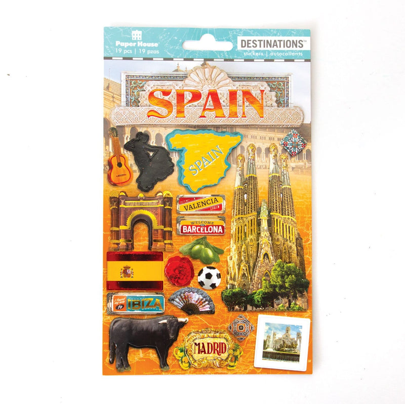 3D scrapbook stickers featuring Spain imagery including a bull, guitar and soccer ball.