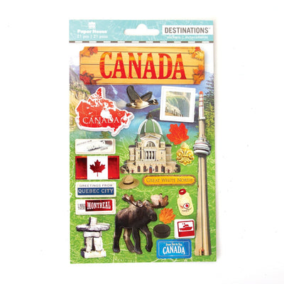 scrapbook stickers featuring photo real Canadian flag, map and moose.