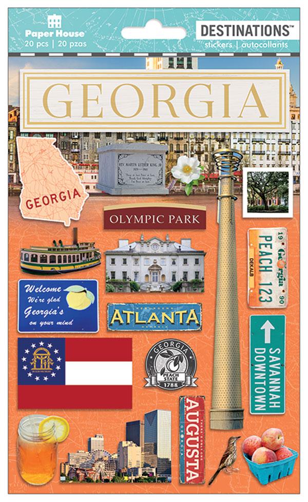 scrapbook stickers featuring Georgia with its flag, signs and peaches on an orange background.