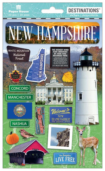scrapbook stickers featuring New Hampshire, lighthouse, deer and maple syrup.