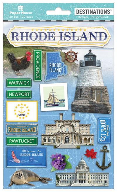 3D scrapbook stickers featuring Rhode Island, lighthouses, ships and city names.