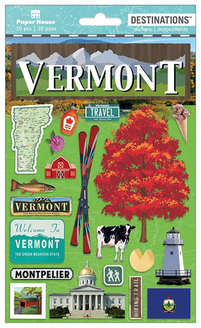 scrapbook stickers featuring Vermont, red maple tree, cow and a lighthouse shown on green background in package.