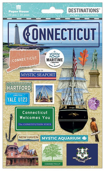 3D scrapbook stickers featuring Connecticut, the state flag and a ship.