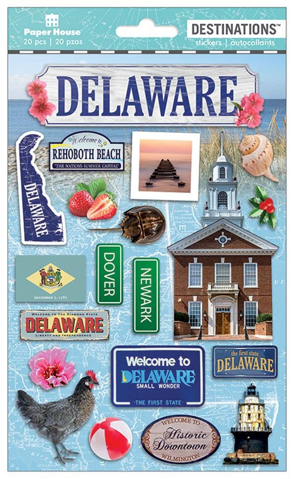 scrapbook stickers featuring Delaware, signs, beach and florals shown in package.