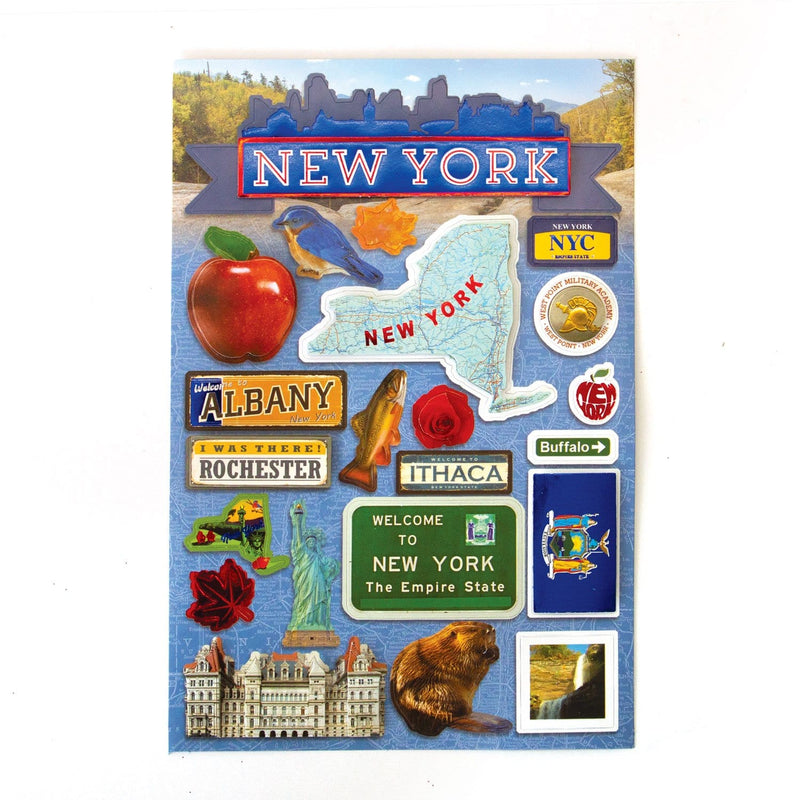 scrapbook stickers featuring New York State including a blue bird, a red apple and the statue of liberty.