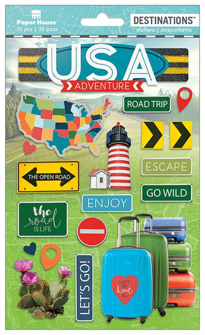 scrapbook stickers featuring USA travel with a colorful map, luggage and road signs.
