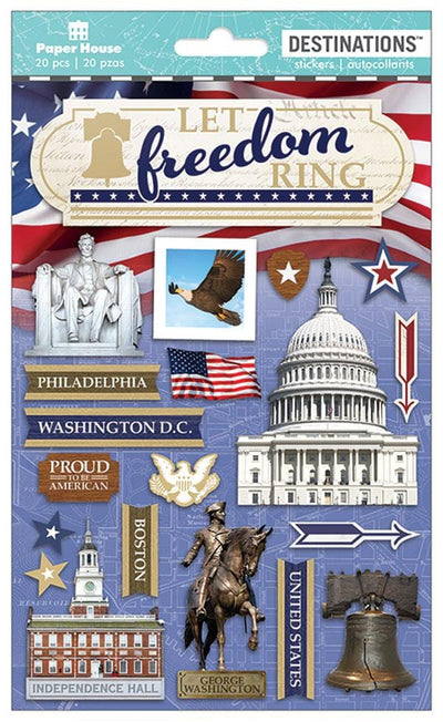 3D scrapbook stickers featuring the US flag, the US capital and the liberty bell.