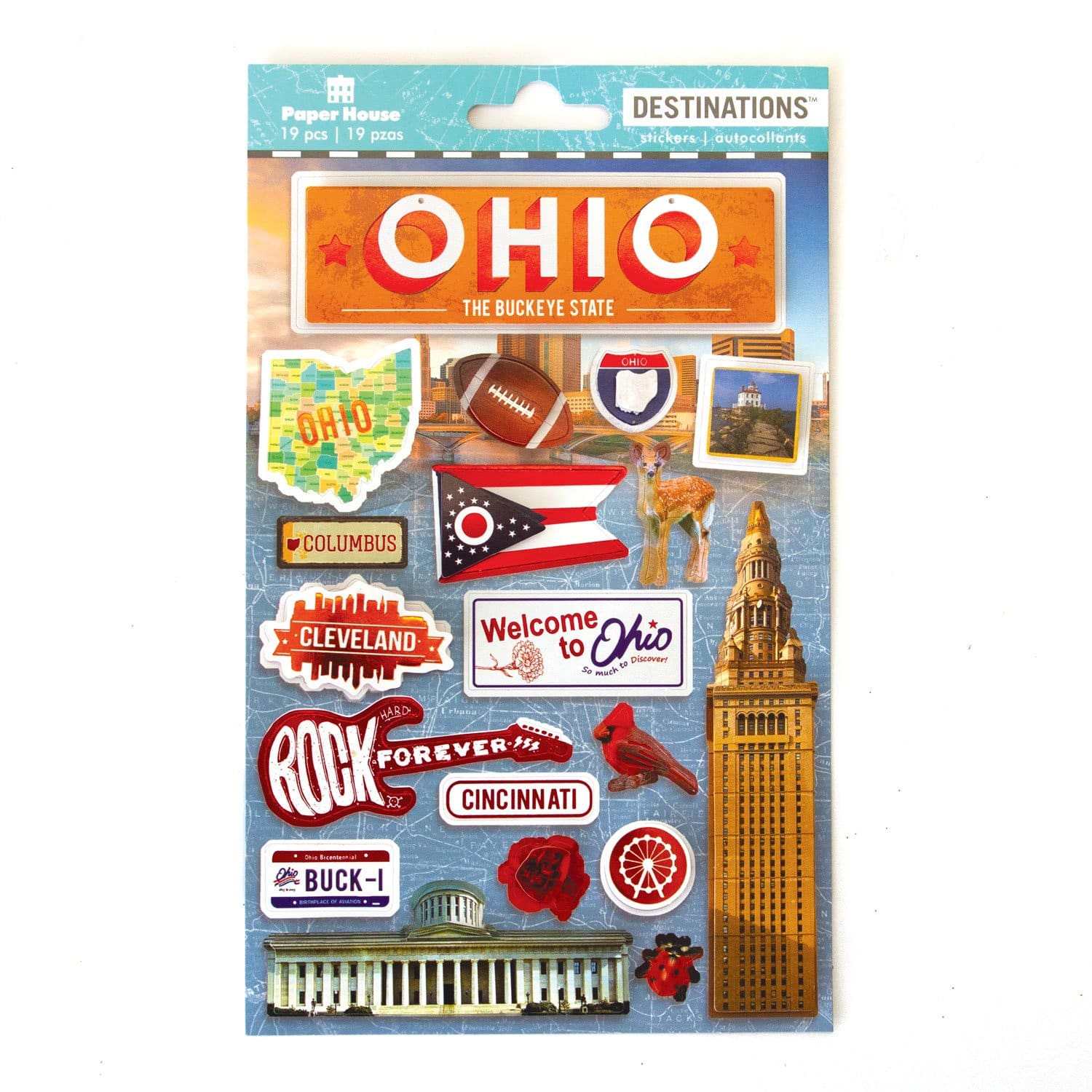 scrapbook stickers featuring Ohio, football, red rose and red cardinal.