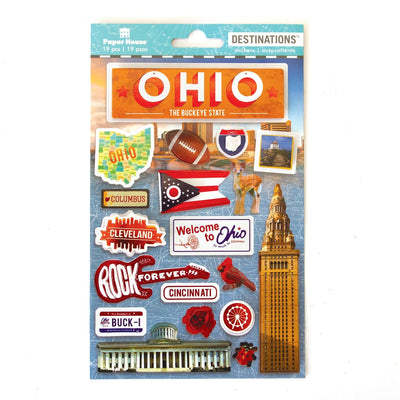 scrapbook stickers featuring Ohio, football, red rose and red cardinal.