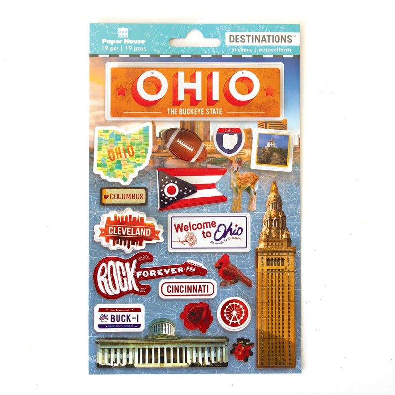 scrapbook stickers featuring Ohio, football, red rose and red cardinal.