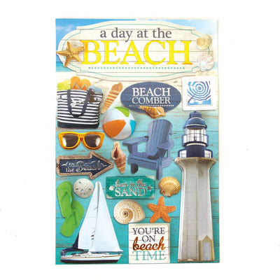 scrapbook stickers featuring photo-real lighthouse, sailboat, sunglasses and shells on a teal background.
