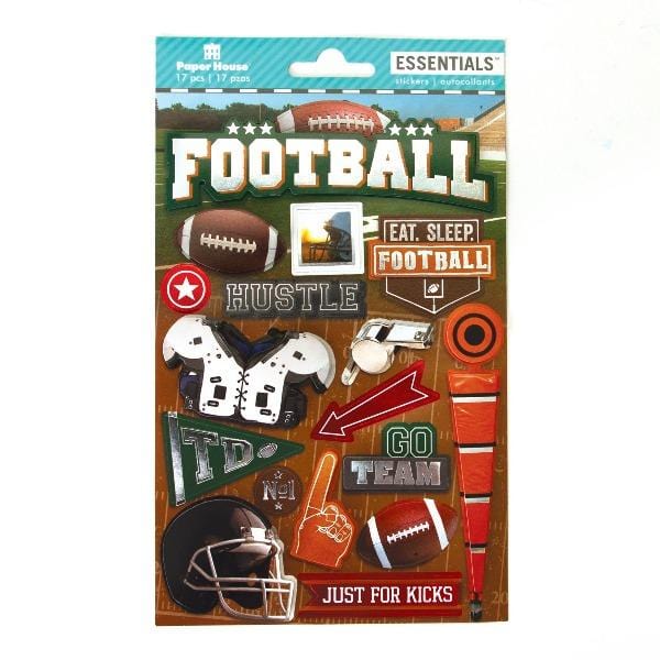3D scrapbook stickers featuring footballs, helmets and arrows shown in package.
