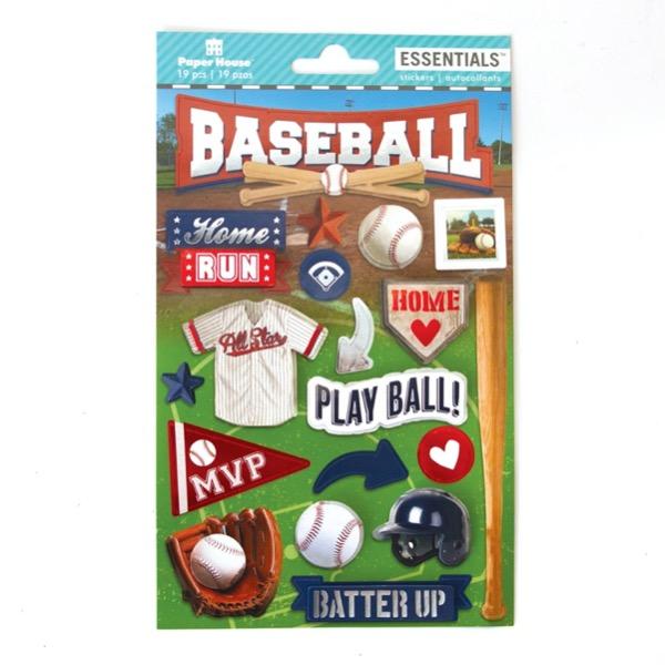 scrapbook stickers featuring baseballs, baseball mitt, baseball bat on a green background.