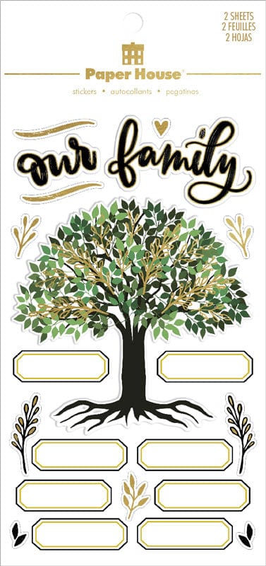 scrapbook stickers featuring an illustrated family tree with labels, shown in package with gold details.