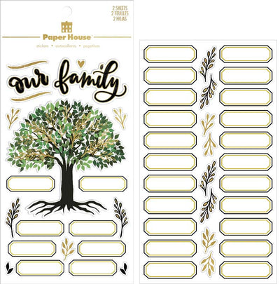 scrapbook stickers featuring an illustrated family tree, shown in package with a sheet of labels.