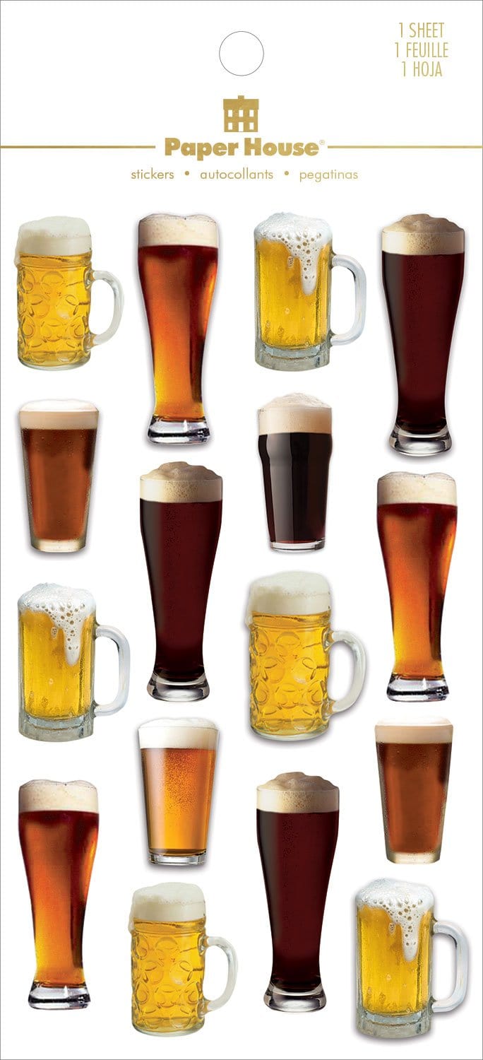 Beer themed scrapbook stickers featuring assorted mugs of beer, shown in white package with gold foil letters.