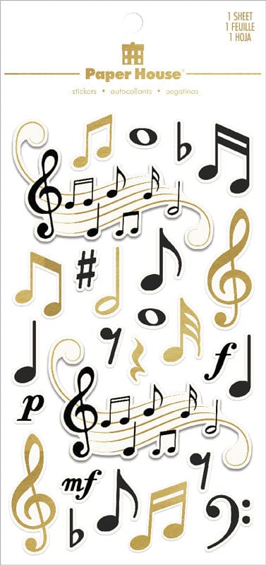 scrapbook stickers featuring black and gold music notes, shown in package.